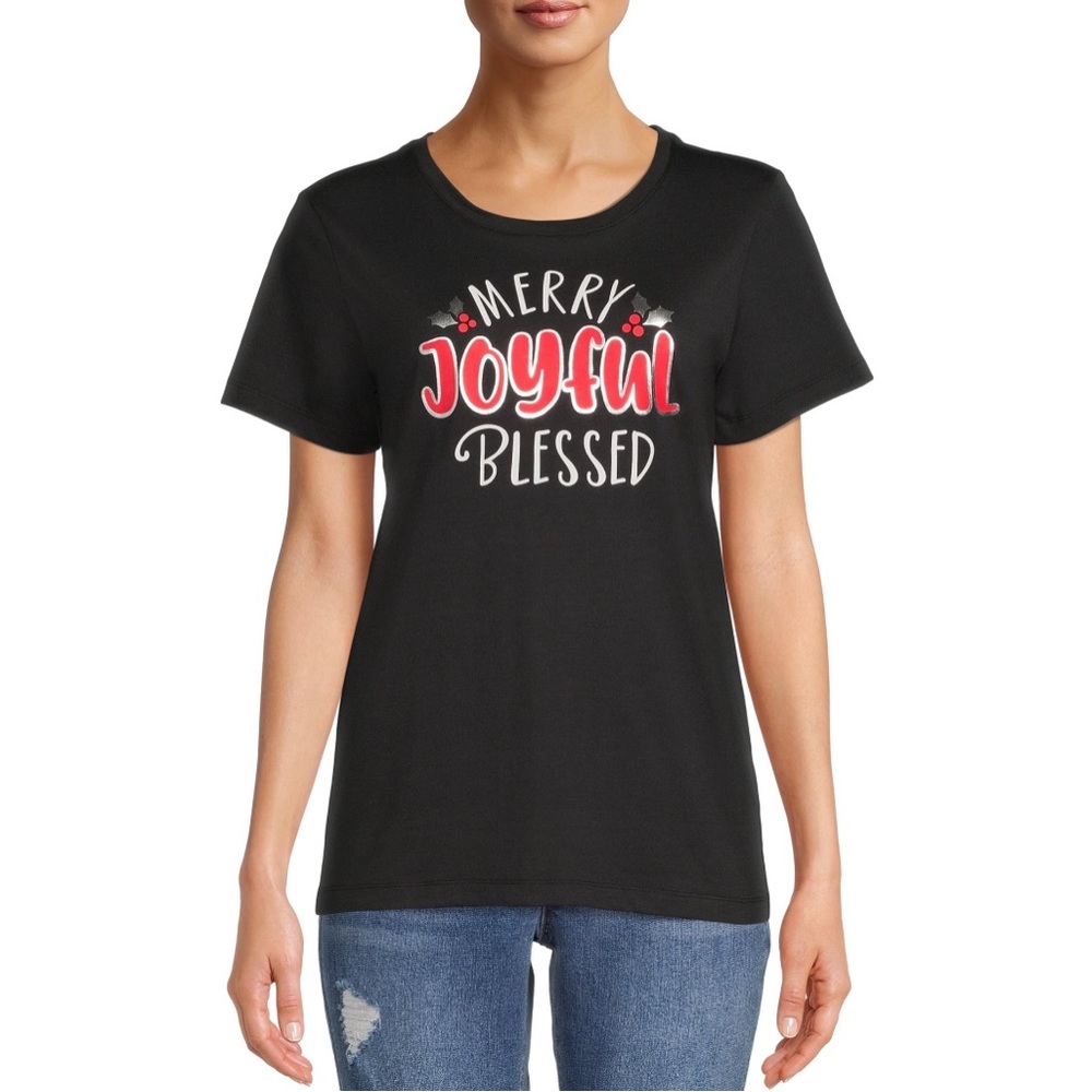 NEW Merry Joyful Blessed Christmas Holiday Cheer Black Short Sleeve Tee T-Shirt